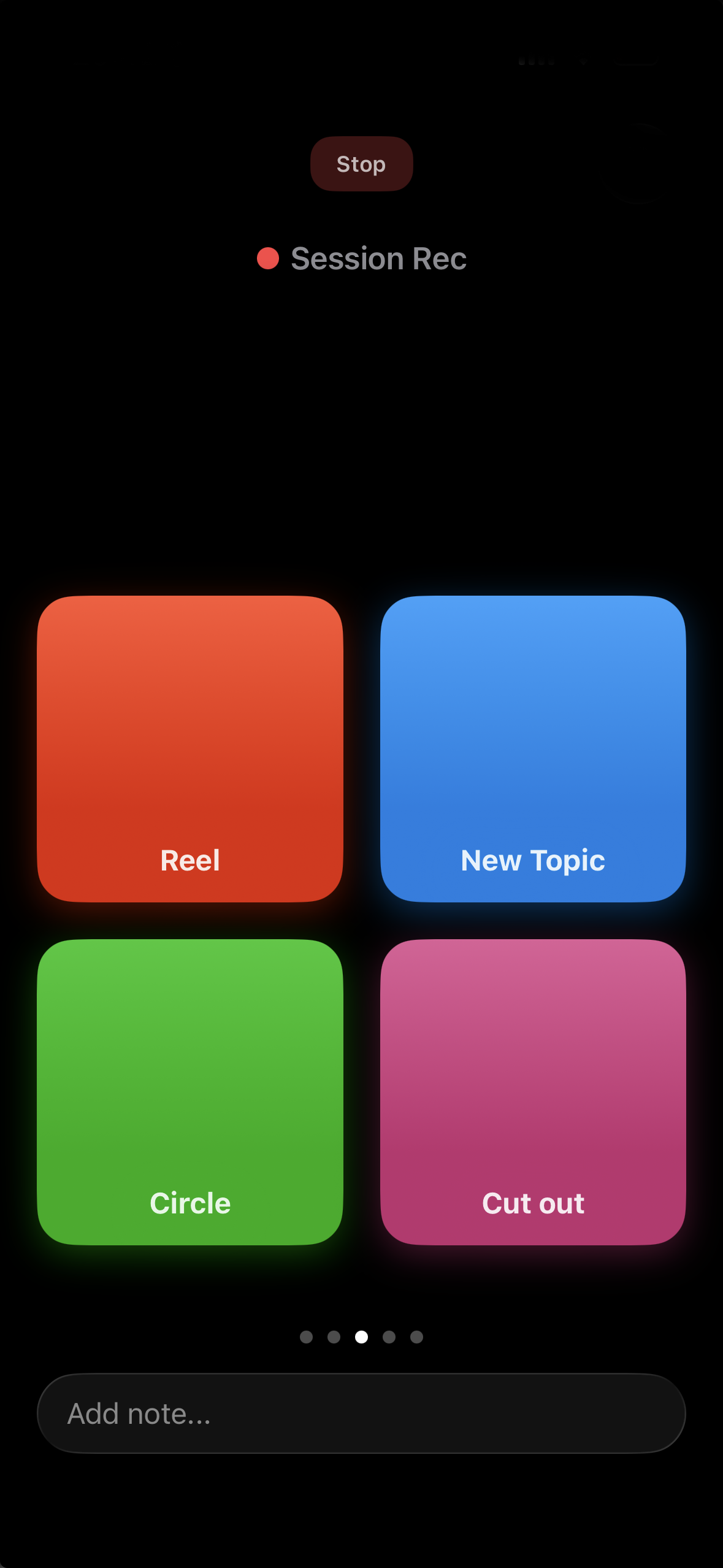Marker app recording screen with live timecode and four marker buttons