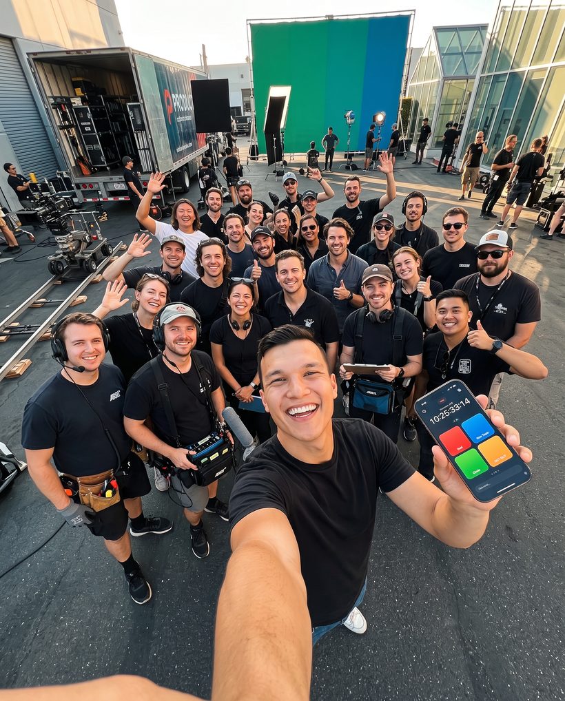 Film crew on set using Marker