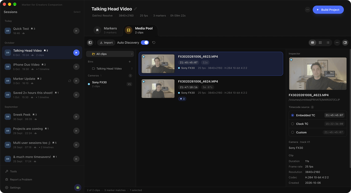 The new Media Pool in the Companion provides a central workspace for reviewing and organizing footage before building an editing project. It displays automatically discovered video clips with thumbnails, camera information, technical metadata and timecode settings, while showing which markers match each clip. Filmmakers can organize media into camera bins, verify timecode sources and prepare footage for DaVinci Resolve, Premiere Pro or Final Cut Pro.