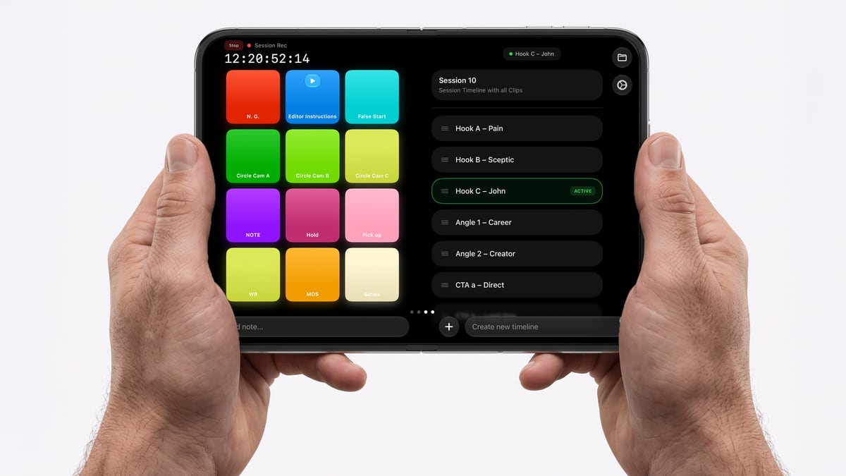 Marker for Creators running on an unfolded iPhone Duo, featuring an interface designed to use both displays as one filmmaking workspace. Customizable marker buttons remain immediately accessible on the left, while Timeline Mode and production organization tools stay visible on the right. The responsive design gives filmmakers more information and control on set without adding complexity to the familiar Marker workflow.