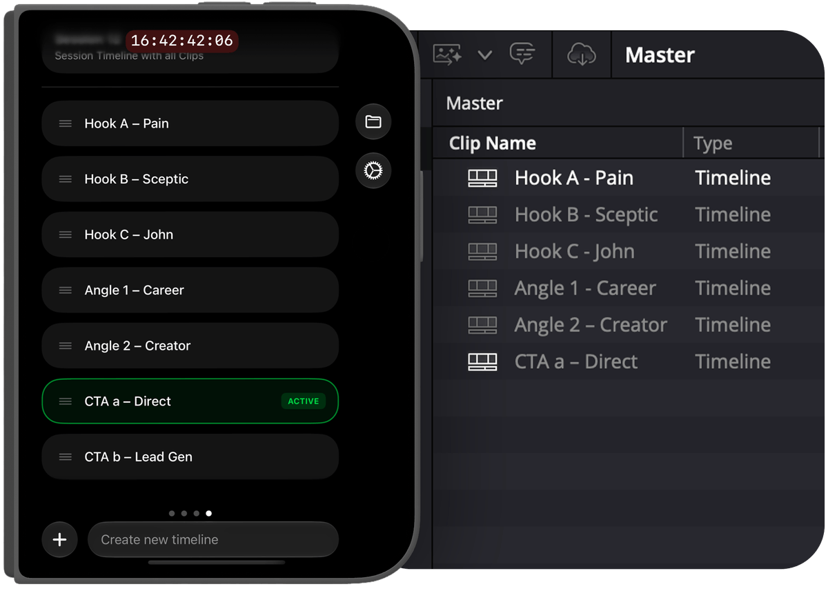 The Timeline page shown on a folded iPhone Duo alongside the resulting timelines in DaVinci Resolve. Filmmakers can activate a named timeline while shooting, and every video clip recorded while that timeline is active is assigned to it. When the project is built, Marker uses the captured timecode and metadata to organize the matching clips into corresponding timelines in DaVinci Resolve, Premiere Pro or Final Cut Pro.